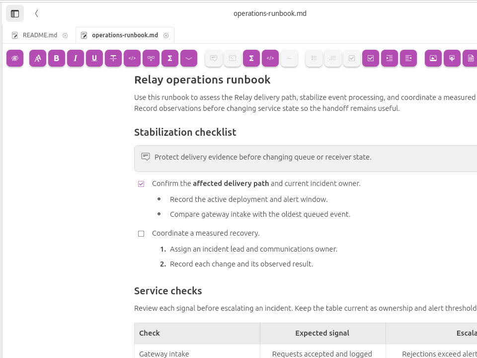BusyMark Editor mode showing formatted runbook text, a nested list and checked and unchecked task items.