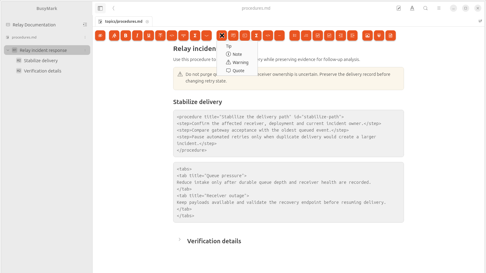BusyMark Editor mode showing a Relay incident-response procedure and the open Admonition menu.